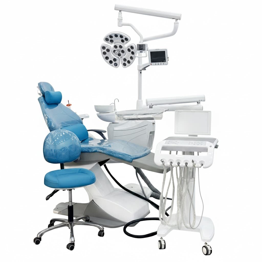 Keju Stomatoloji kreslo Ağ rəng. LED müalicə işığı ilə, skaler oral kamera sistemi, led lampa